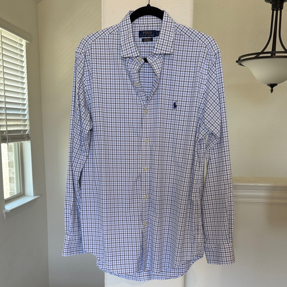 Polo by Ralph Lauren Men's Performance White and Blue Plaid Shirt